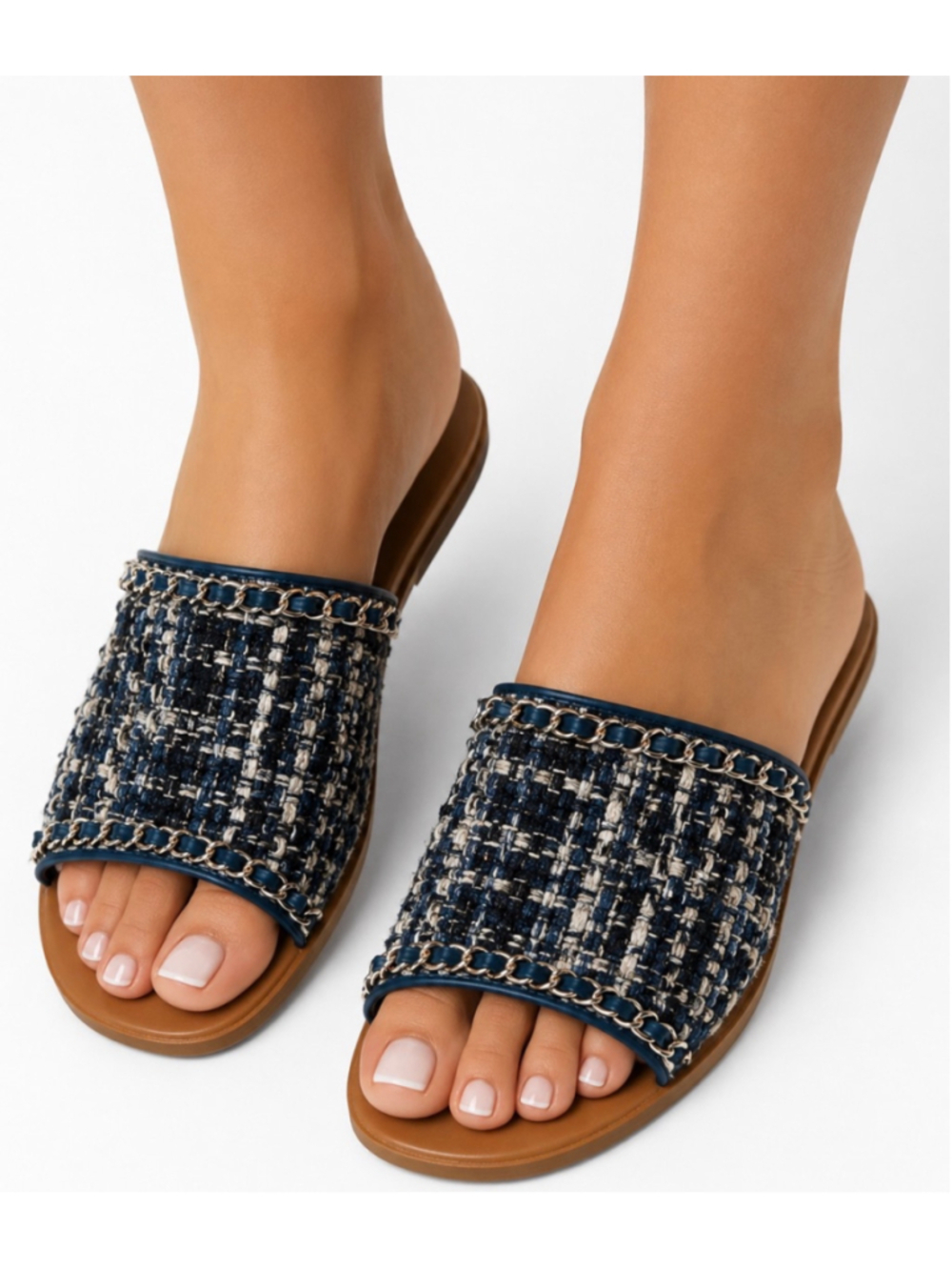 Chanel Tweed Chain Detail Slide Sandals Blue & Black Size 39.5 (9-9.5)